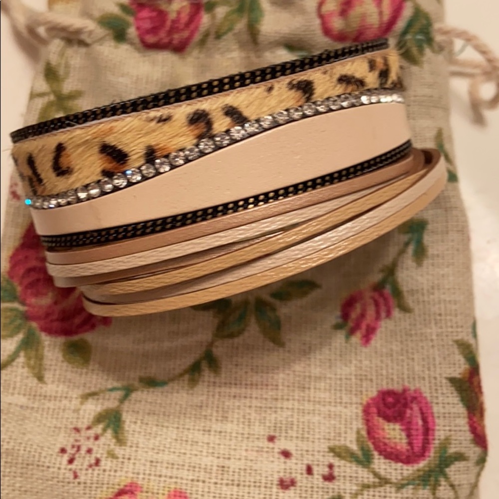 Leather sparkle and leopard cuff bracelet